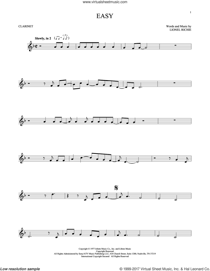 Easy sheet music for clarinet solo by The Commodores and Lionel Richie, intermediate skill level
