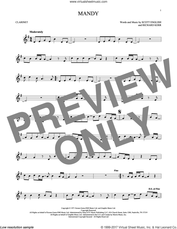 Mandy sheet music for clarinet solo by Barry Manilow, Richard Kerr and Scott English, intermediate skill level