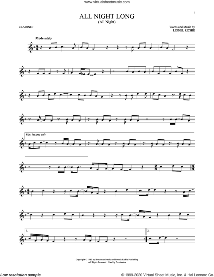 All Night Long (All Night) sheet music for clarinet solo by Lionel Richie, intermediate skill level