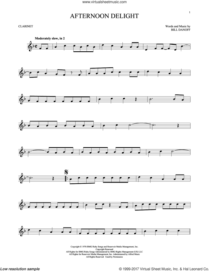 Afternoon Delight sheet music for clarinet solo by Starland Vocal Band and Bill Danoff, intermediate skill level