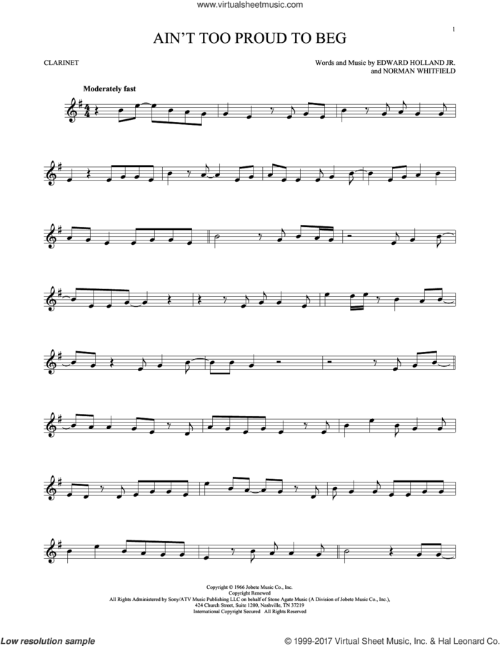 Ain't Too Proud To Beg sheet music for clarinet solo by The Temptations, Edward Holland Jr. and Norman Whitfield, intermediate skill level