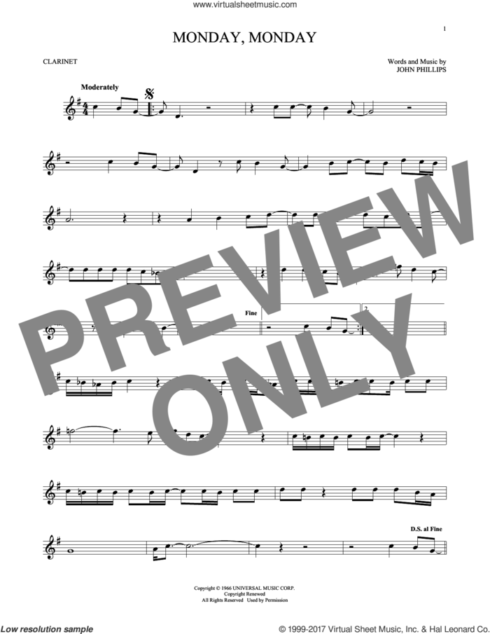 Monday, Monday sheet music for clarinet solo by The Mamas & The Papas and John Phillips, intermediate skill level