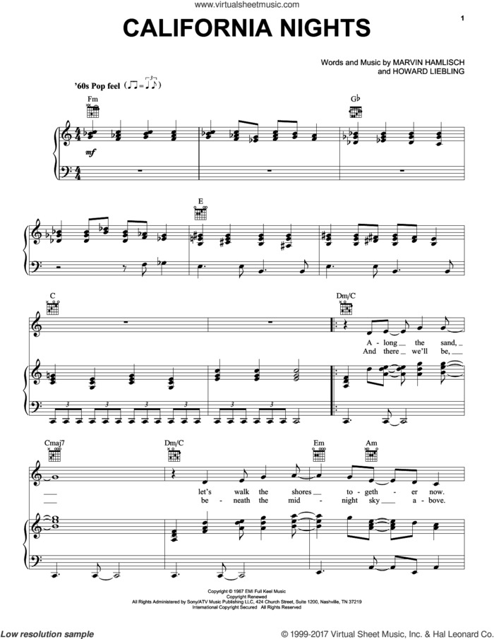 California Nights sheet music for voice, piano or guitar by Lesley Gore, Wes Montgomery, Howard Liebling and Marvin Hamlisch, intermediate skill level