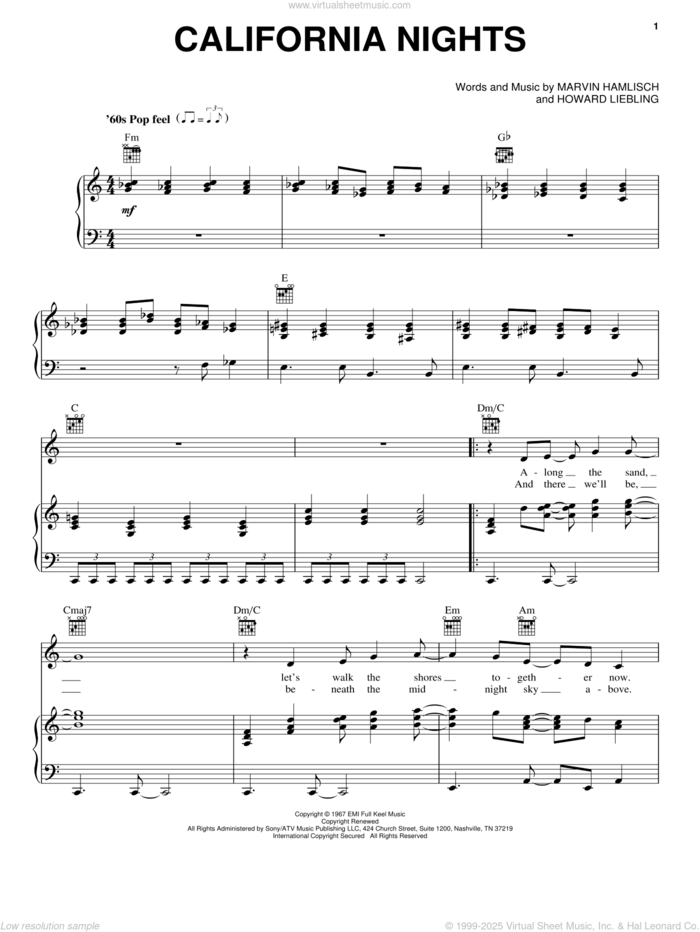 California Nights sheet music for voice, piano or guitar by Lesley Gore, Wes Montgomery, Howard Liebling and Marvin Hamlisch, intermediate skill level