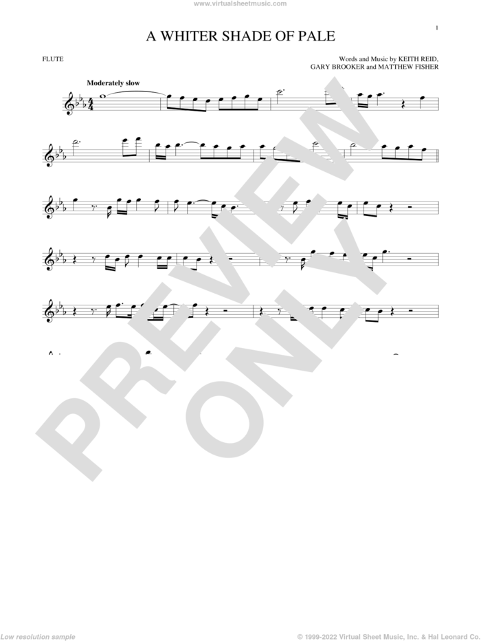 A Whiter Shade Of Pale sheet music for flute solo by Procol Harum, Gary Brooker, Keith Reid and Matthew Fisher, wedding score, intermediate skill level