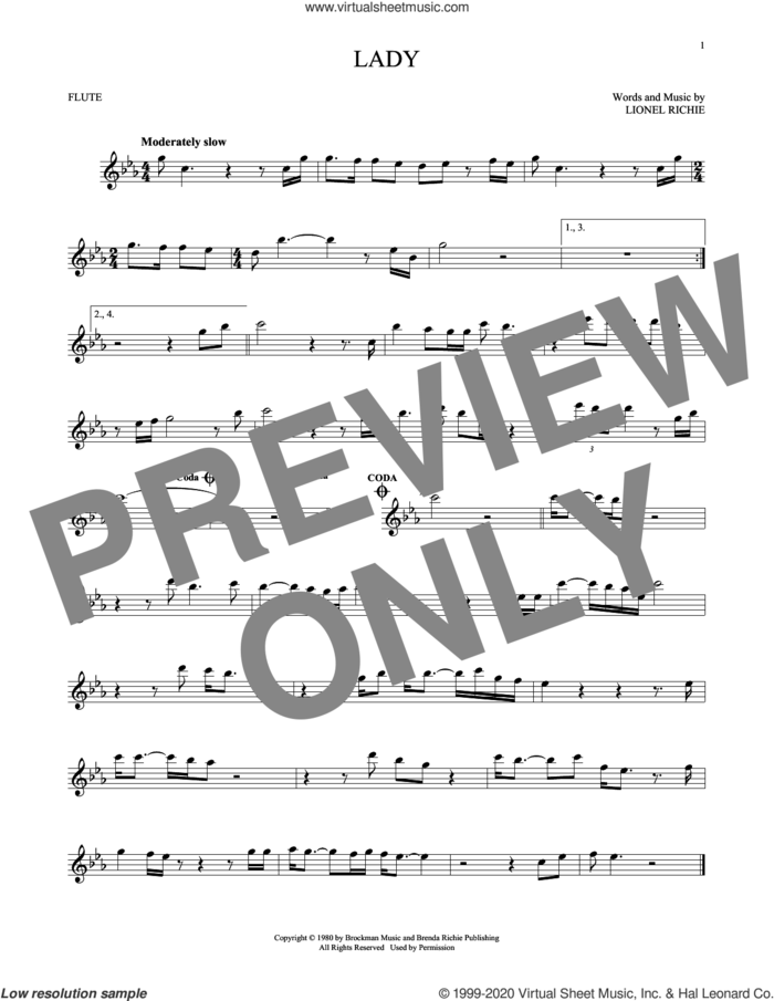 Lady sheet music for flute solo by Kenny Rogers and Lionel Richie, intermediate skill level