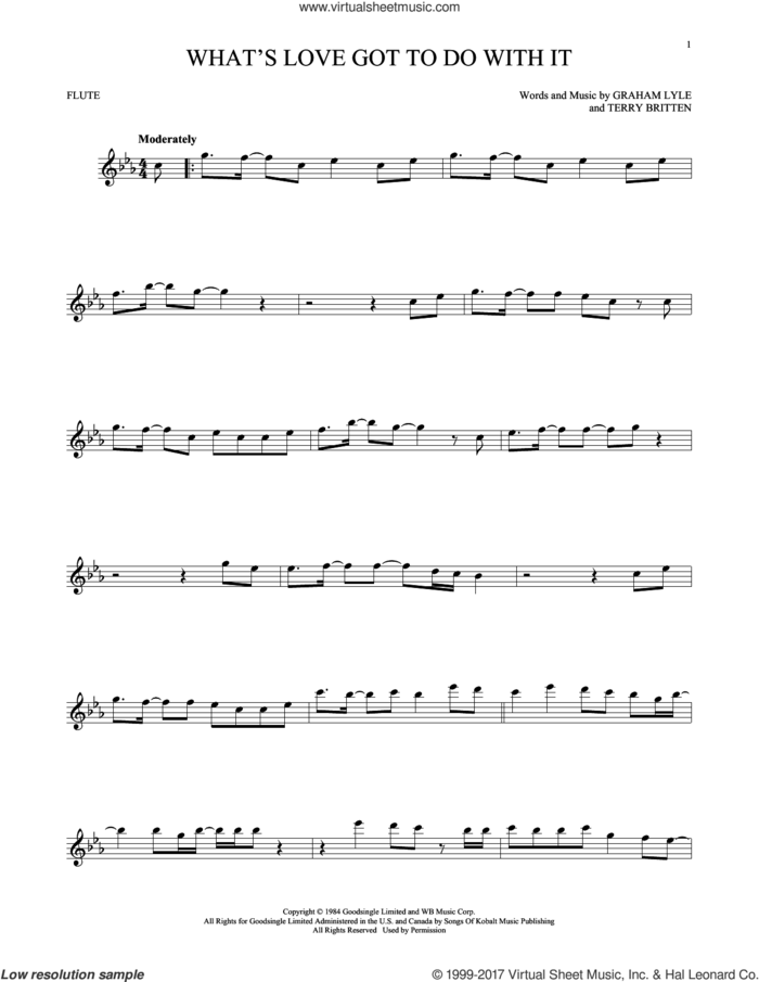 What's Love Got To Do With It sheet music for flute solo by Tina Turner, Graham Lyle and Terry Britten, intermediate skill level