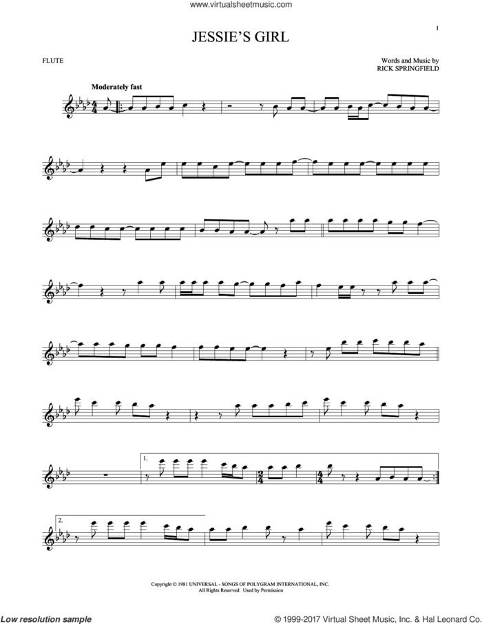 Jessie's Girl sheet music for flute solo by Rick Springfield, intermediate skill level