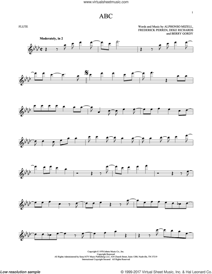 ABC sheet music for flute solo by The Jackson 5, Alphonso Mizell, Berry Gordy, Deke Richards and Frederick Perren, intermediate skill level