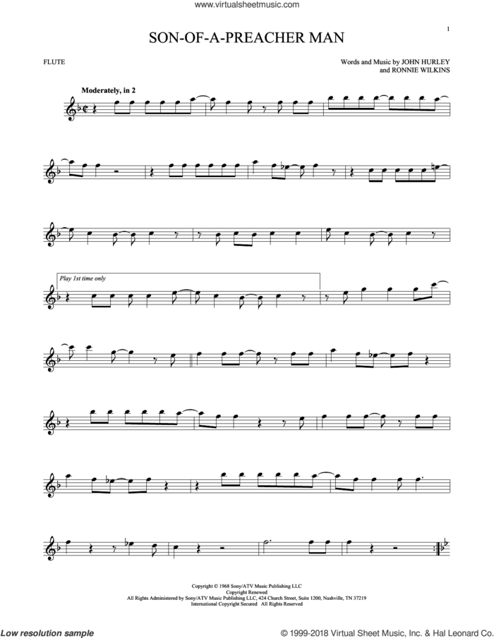 Son-Of-A-Preacher Man sheet music for flute solo by Dusty Springfield, John Hurley and Ronnie Wilkins, intermediate skill level