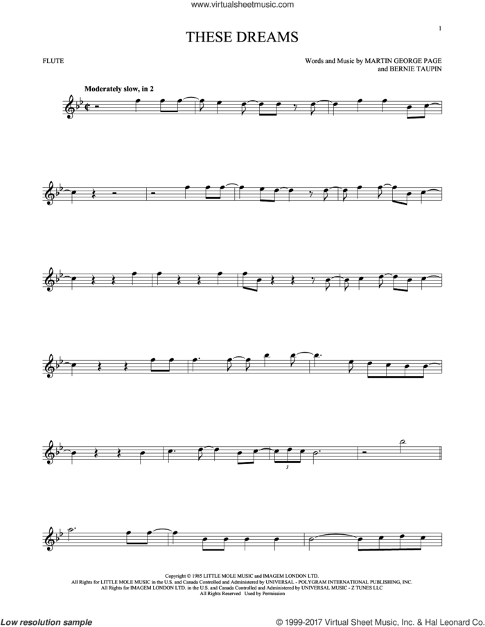 These Dreams sheet music for flute solo by Heart, intermediate skill level