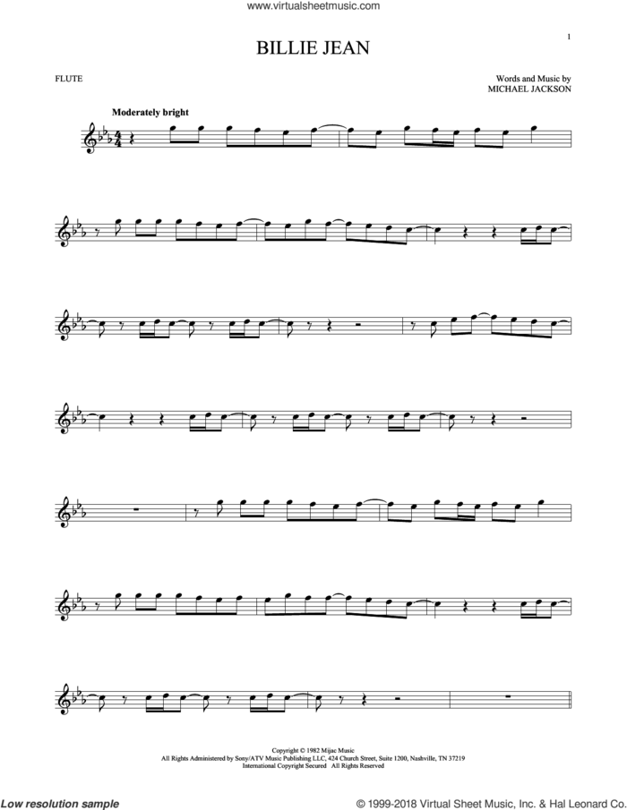Billie Jean sheet music for flute solo by Michael Jackson, intermediate skill level