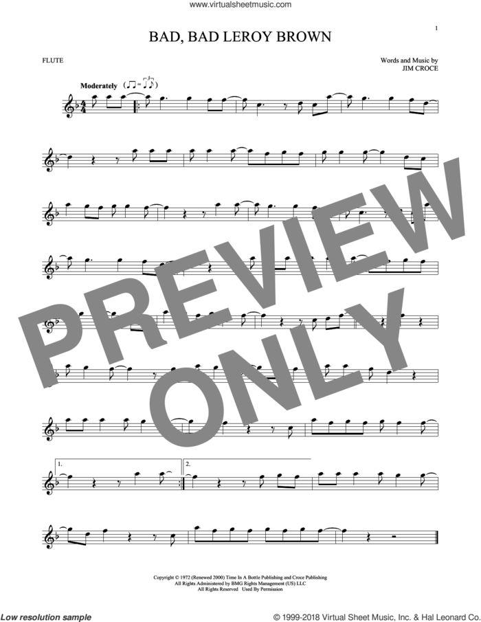 Bad, Bad Leroy Brown sheet music for flute solo by Jim Croce, intermediate skill level
