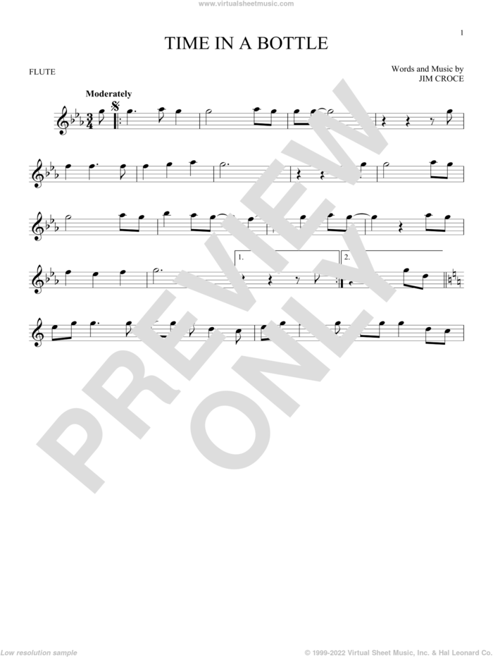 Time In A Bottle sheet music for flute solo by Jim Croce, intermediate skill level