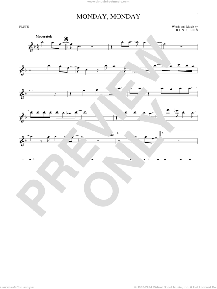 Monday, Monday sheet music for flute solo by The Mamas & The Papas and John Phillips, intermediate skill level