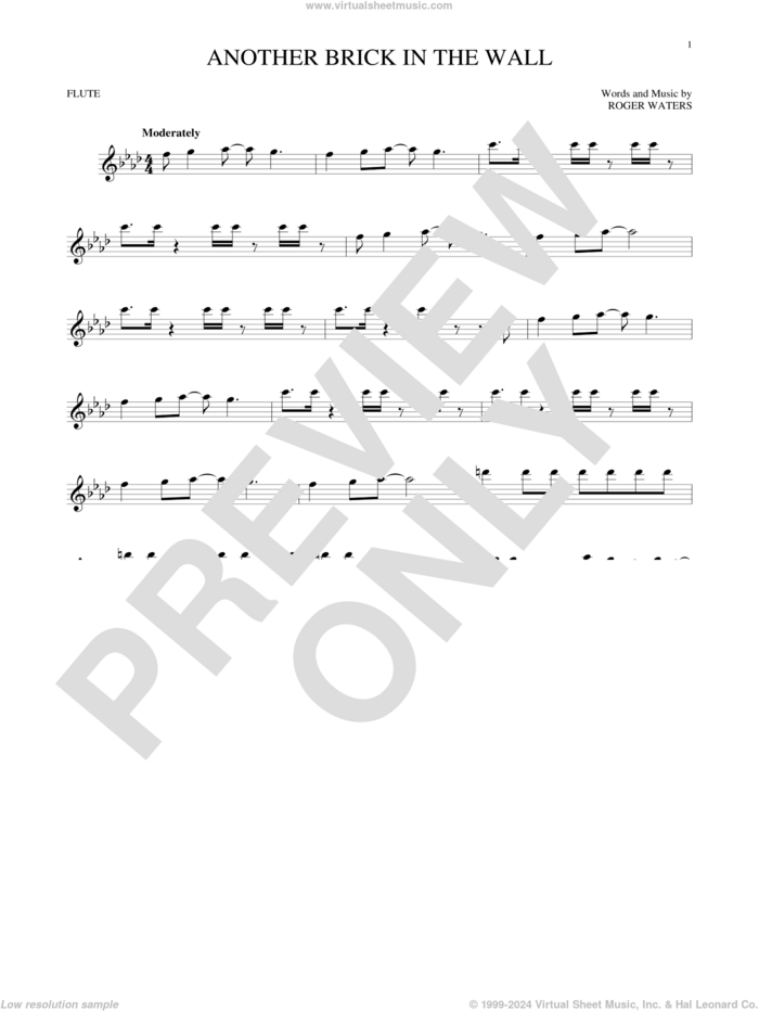 Another Brick In The Wall sheet music for flute solo by Pink Floyd and Roger Waters, intermediate skill level