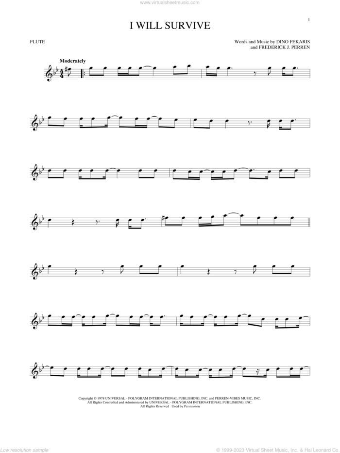 I Will Survive sheet music for flute solo by Gloria Gaynor, Dino Fekaris and Frederick Perren, intermediate skill level