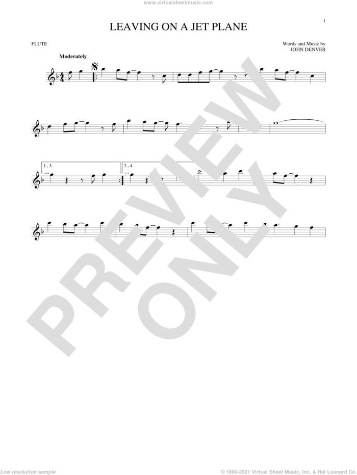 Leaving On A Jet Plane sheet music for flute solo by John Denver and Peter, Paul & Mary, intermediate skill level
