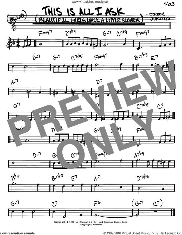 This Is All I Ask (Beautiful Girls Walk A Little Slower) sheet music for voice and other instruments (in C) by Gordon Jenkins, intermediate skill level