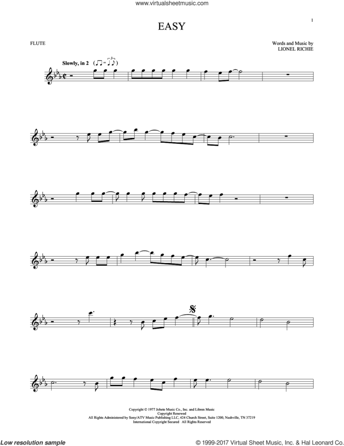Easy sheet music for flute solo by The Commodores and Lionel Richie, intermediate skill level