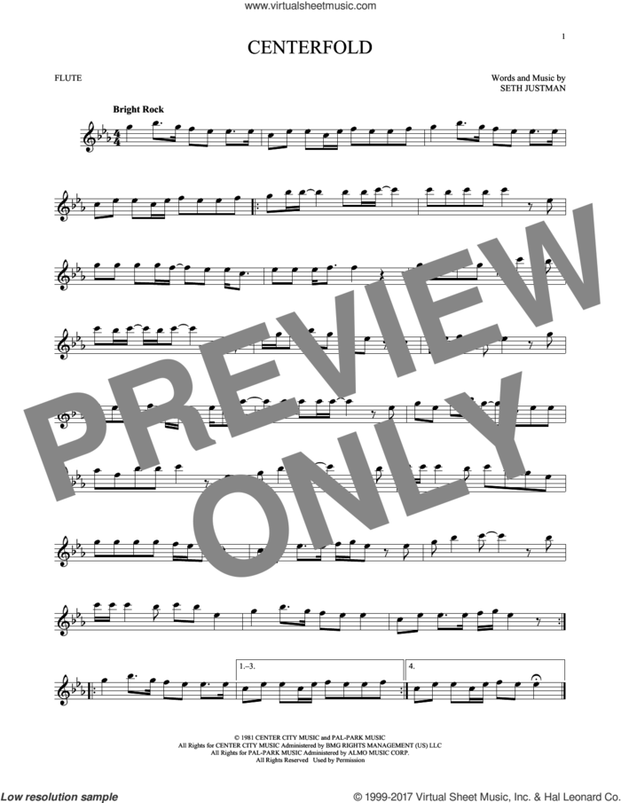 Centerfold sheet music for flute solo by J. Geils Band and Seth Justman, intermediate skill level