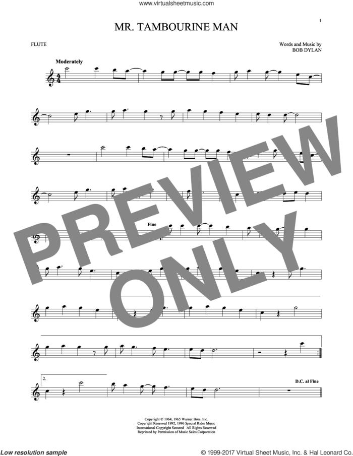 Mr. Tambourine Man sheet music for flute solo by Bob Dylan, intermediate skill level