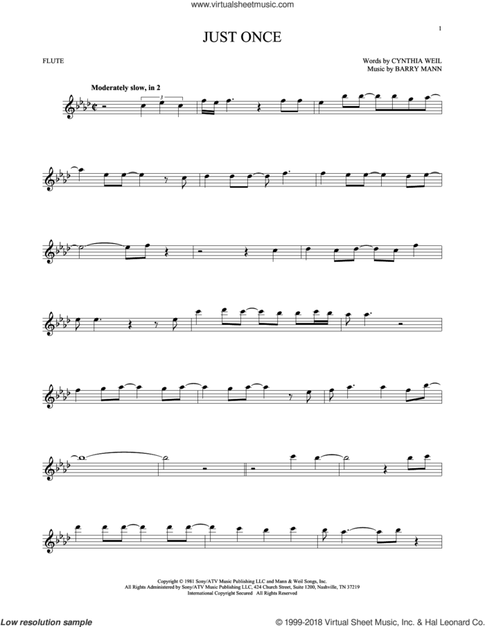Just Once sheet music for flute solo by Quincy Jones featuring James Ingram, Barry Mann and Cynthia Weil, intermediate skill level