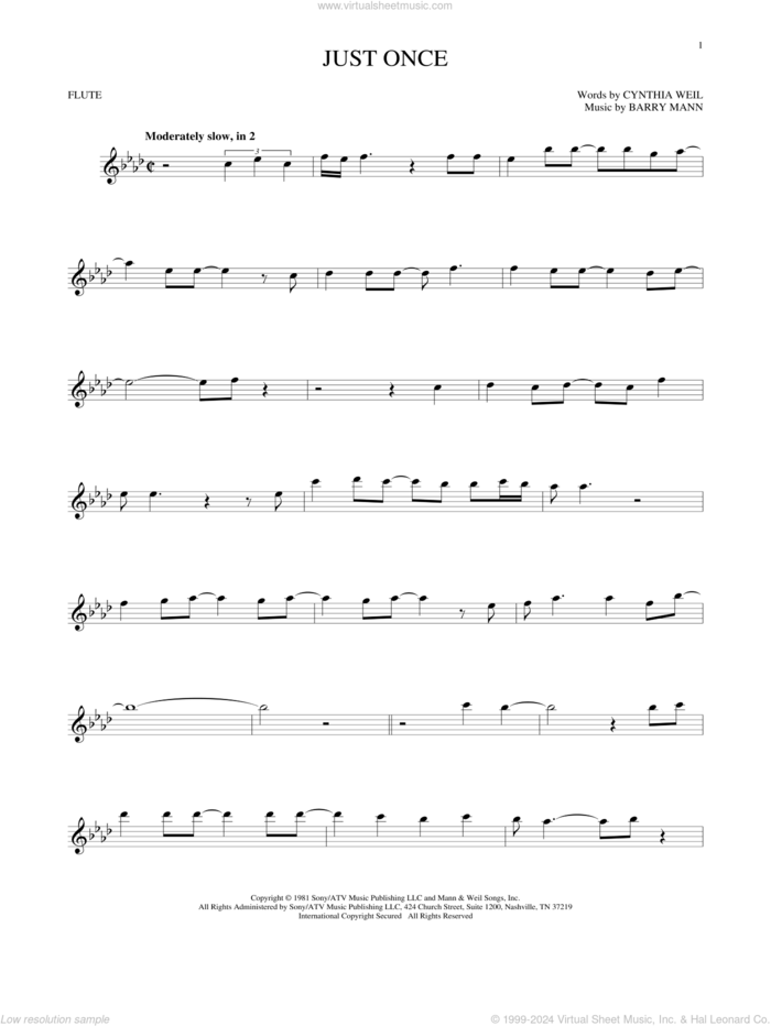 Just Once sheet music for flute solo by Quincy Jones featuring James Ingram, Barry Mann and Cynthia Weil, intermediate skill level