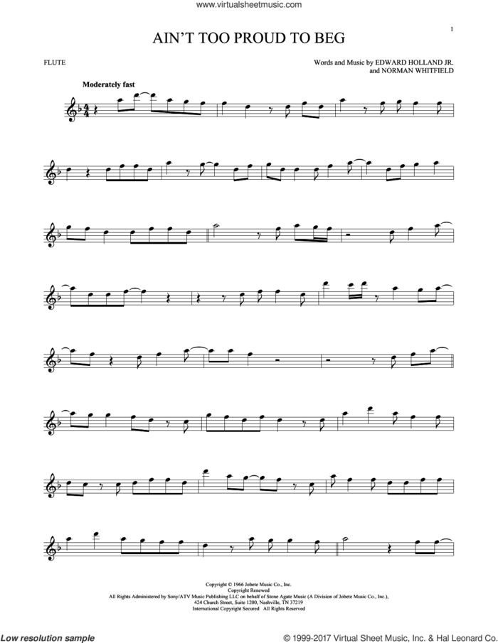 Ain't Too Proud To Beg sheet music for flute solo by The Temptations, Edward Holland Jr. and Norman Whitfield, intermediate skill level