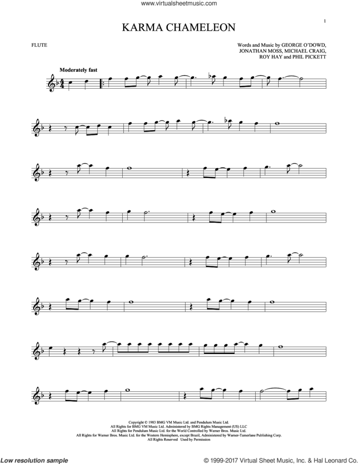 Karma Chameleon sheet music for flute solo by Culture Club, Jonathan Moss, Michael Craig, Phil Pickett and Roy Hay, intermediate skill level