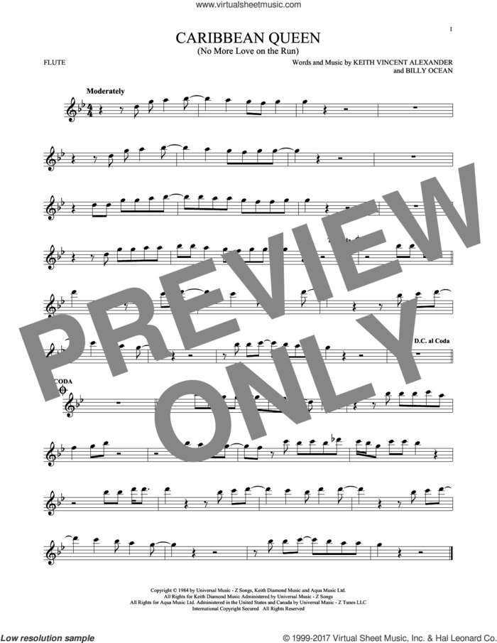 Caribbean Queen (No More Love On The Run) sheet music for flute solo by Billy Ocean, intermediate skill level