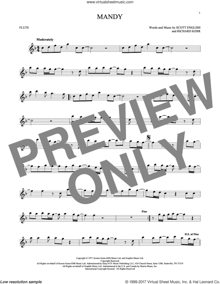 Mandy sheet music for flute solo by Barry Manilow, Richard Kerr and Scott English, intermediate skill level