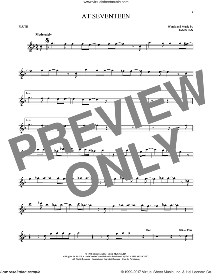 At Seventeen sheet music for flute solo by Janis Ian, intermediate skill level
