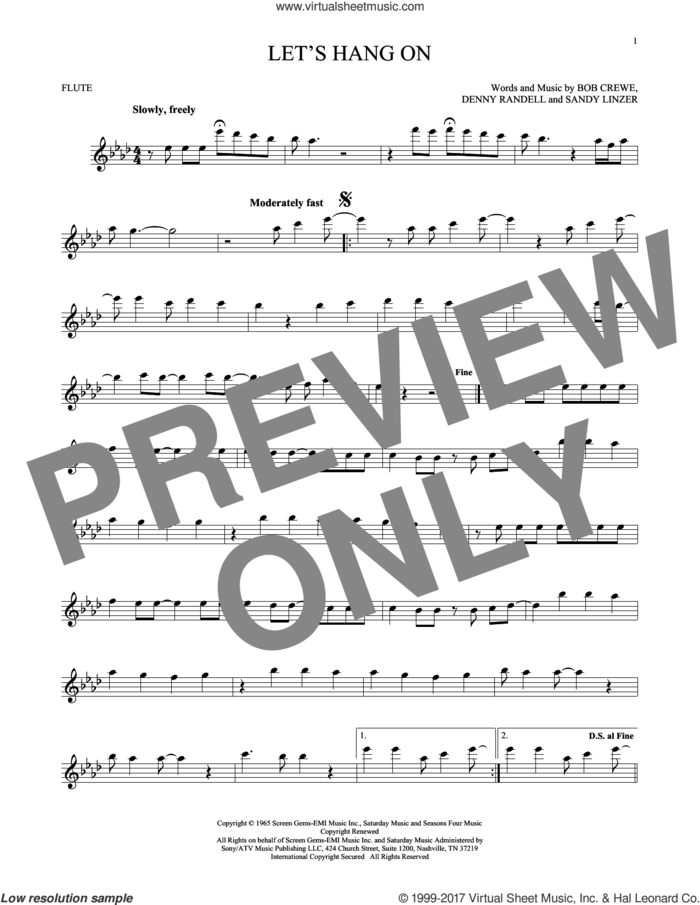 Let's Hang On sheet music for flute solo by The 4 Seasons, Bob Crewe, Denny Randell and Sandy Linzer, intermediate skill level