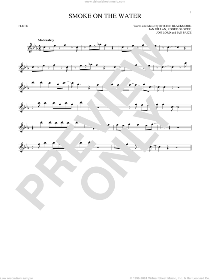 Smoke On The Water sheet music for flute solo by Deep Purple, Ian Gillan, Ian Paice, Jon Lord, Ritchie Blackmore and Roger Glover, intermediate skill level