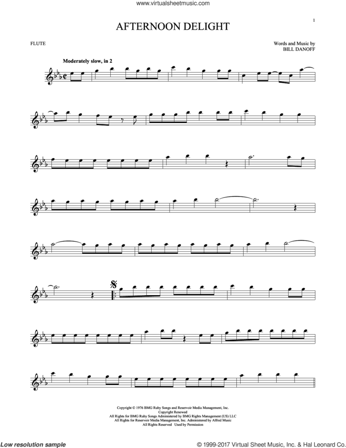 Afternoon Delight sheet music for flute solo by Starland Vocal Band and Bill Danoff, intermediate skill level