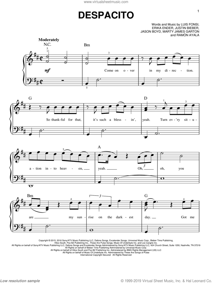Despacito sheet music for piano solo by Luis Fonsi & Daddy Yankee feat. Justin Bieber, Daddy Yankee, Justin Bieber, Erika Ender, Luis Fonsi and Ramon Ayala, easy skill level