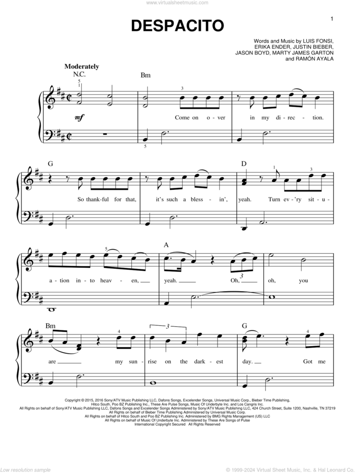 Despacito sheet music for piano solo by Luis Fonsi & Daddy Yankee feat. Justin Bieber, Daddy Yankee, Justin Bieber, Erika Ender, Luis Fonsi and Ramon Ayala, easy skill level