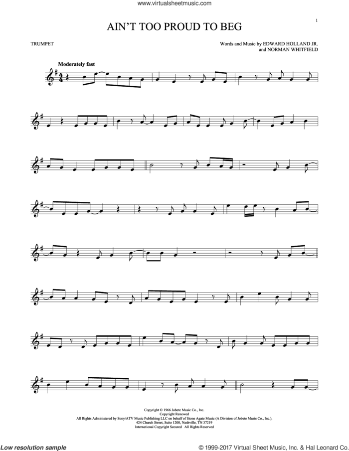 Ain't Too Proud To Beg sheet music for trumpet solo by The Temptations, Edward Holland Jr. and Norman Whitfield, intermediate skill level