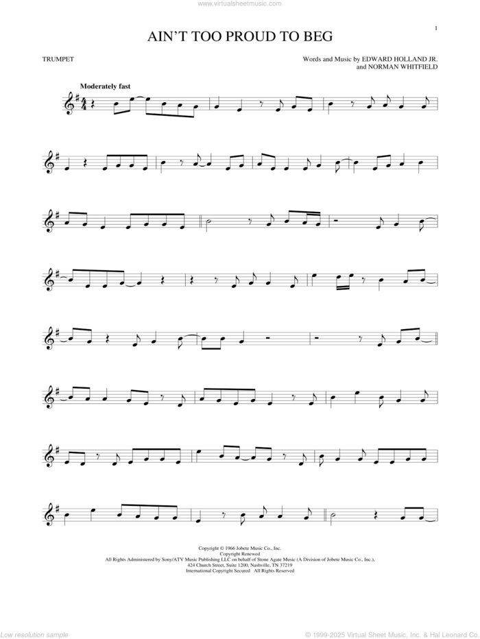 Ain't Too Proud To Beg sheet music for trumpet solo by The Temptations, Edward Holland Jr. and Norman Whitfield, intermediate skill level