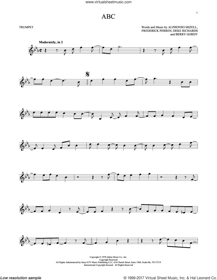 ABC sheet music for trumpet solo by The Jackson 5, Alphonso Mizell, Berry Gordy, Deke Richards and Frederick Perren, intermediate skill level