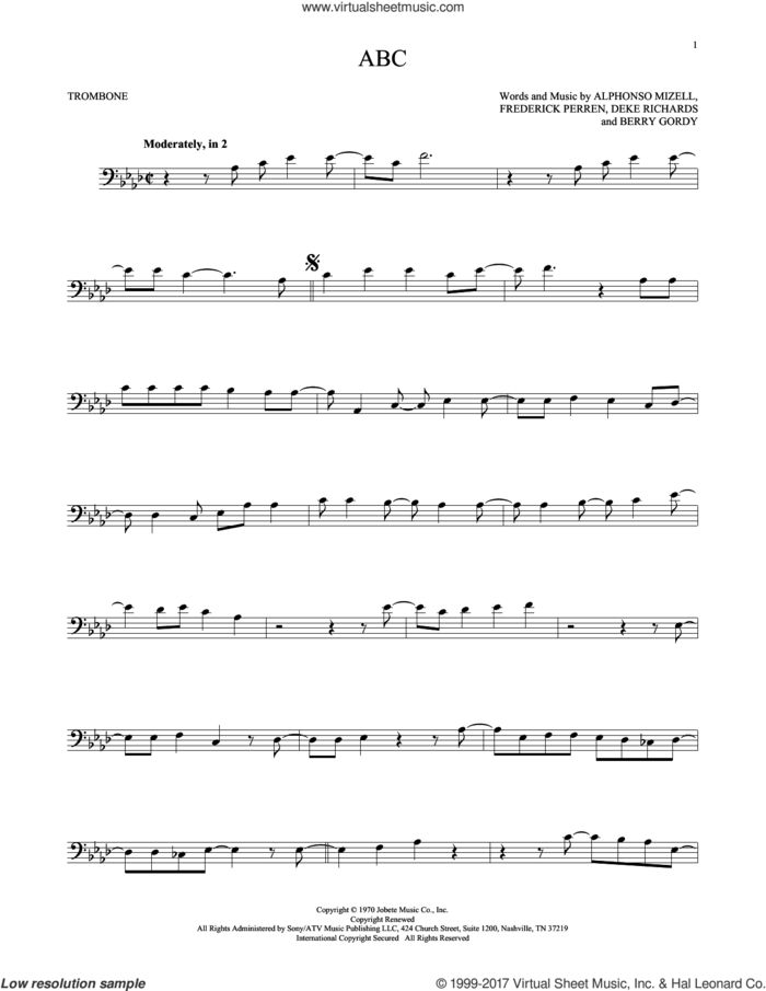 ABC sheet music for trombone solo by The Jackson 5, Alphonso Mizell, Berry Gordy, Deke Richards and Frederick Perren, intermediate skill level