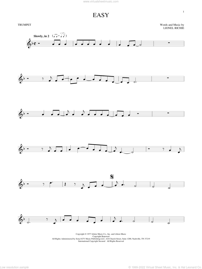 Easy sheet music for trumpet solo by The Commodores and Lionel Richie, intermediate skill level