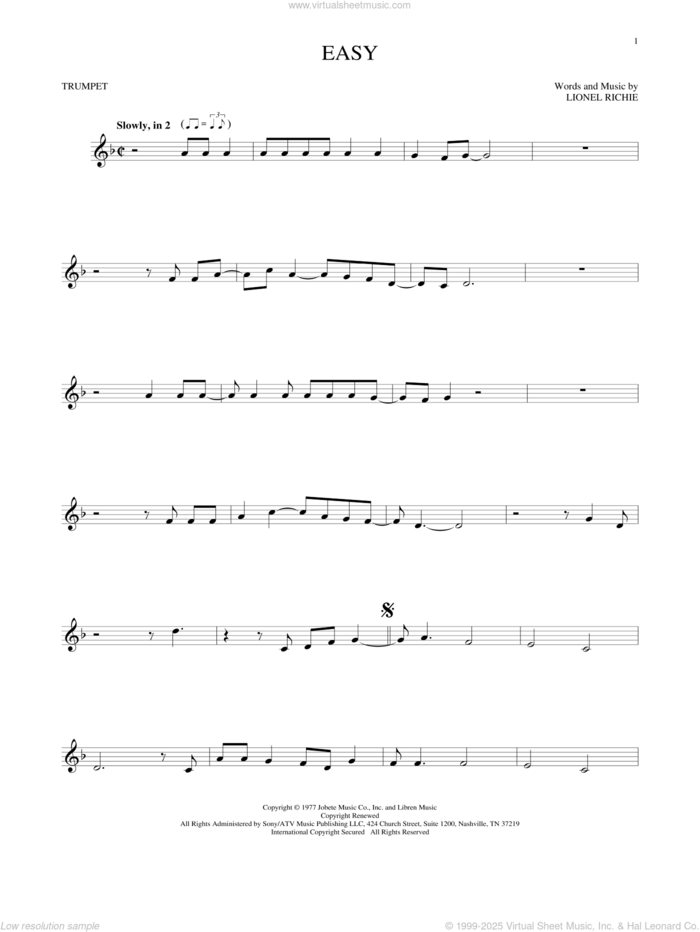 Easy sheet music for trumpet solo by The Commodores and Lionel Richie, intermediate skill level