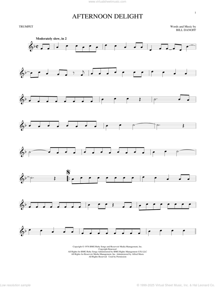 Afternoon Delight sheet music for trumpet solo by Starland Vocal Band and Bill Danoff, intermediate skill level