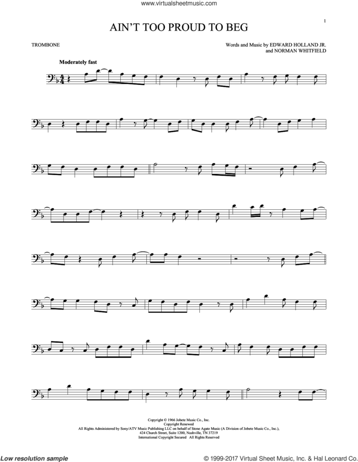Ain't Too Proud To Beg sheet music for trombone solo by The Temptations, Edward Holland Jr. and Norman Whitfield, intermediate skill level
