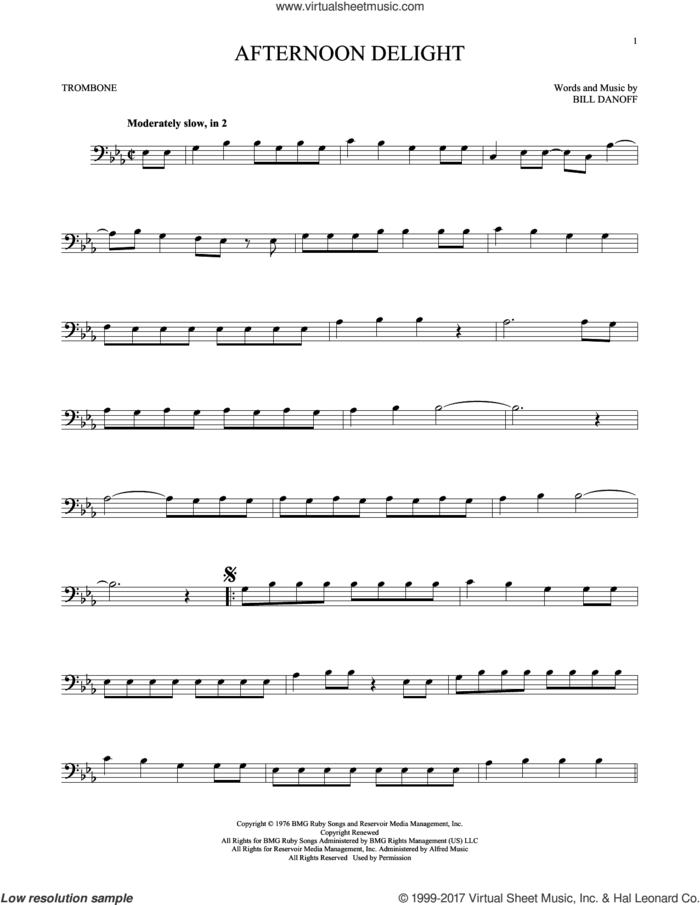 Afternoon Delight sheet music for trombone solo by Starland Vocal Band and Bill Danoff, intermediate skill level
