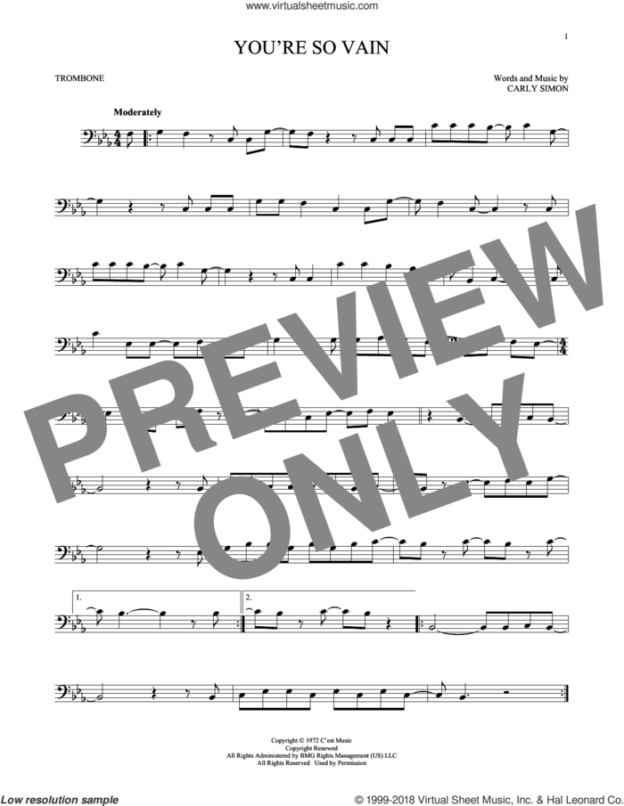 You're So Vain sheet music for trombone solo by Carly Simon, intermediate skill level