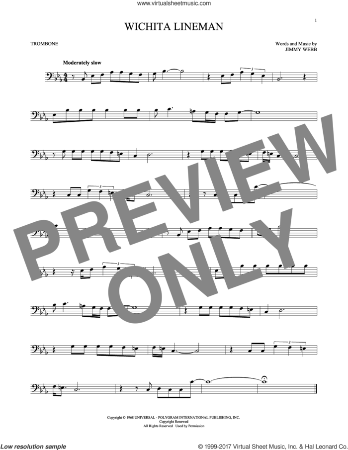 Wichita Lineman sheet music for trombone solo by Glen Campbell and Jimmy Webb, intermediate skill level