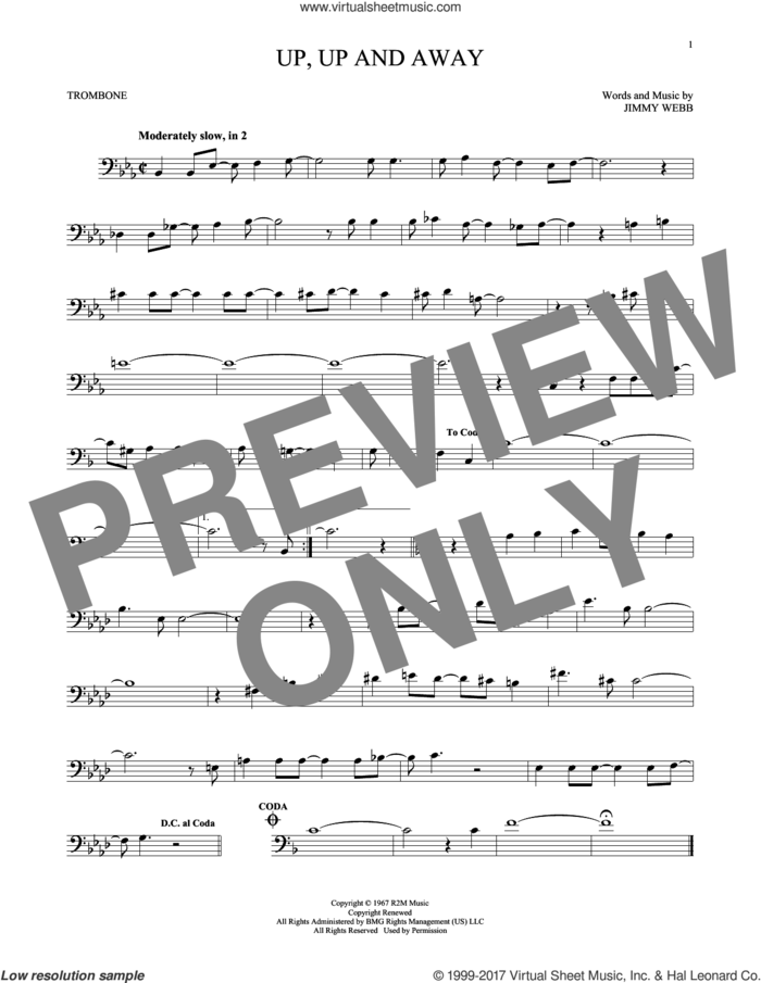 Up, Up And Away sheet music for trombone solo by The Fifth Dimension and Jimmy Webb, intermediate skill level